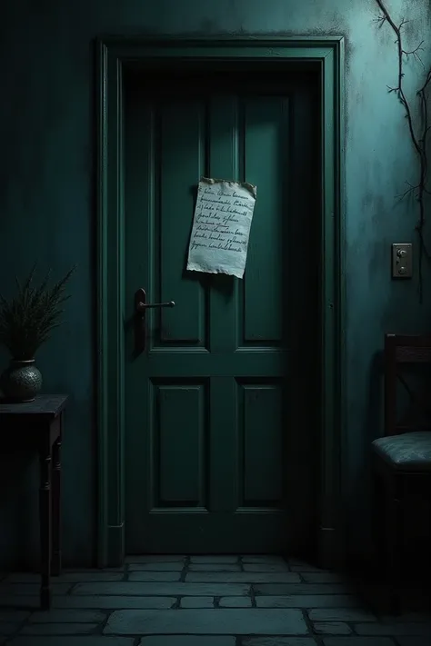 The front door with a second note stuck to it. The note reads, "Too late," written in the same eerie handwriting as before.