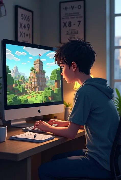 Character sitting in front of computer, one screen open game, one screen open math exercises minecraft 