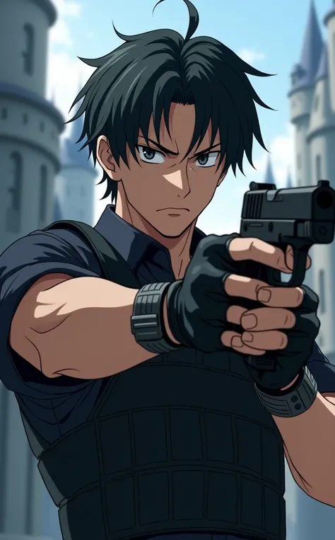 Anime art style, middle age young man, soft black hair, sharo black eyes, frowning, good looking, wearing a black bulletproof vest, black knuckle fingerless gloves, holding a handgun with both hands, dark shirt under, Fantasy Castle in the background. 