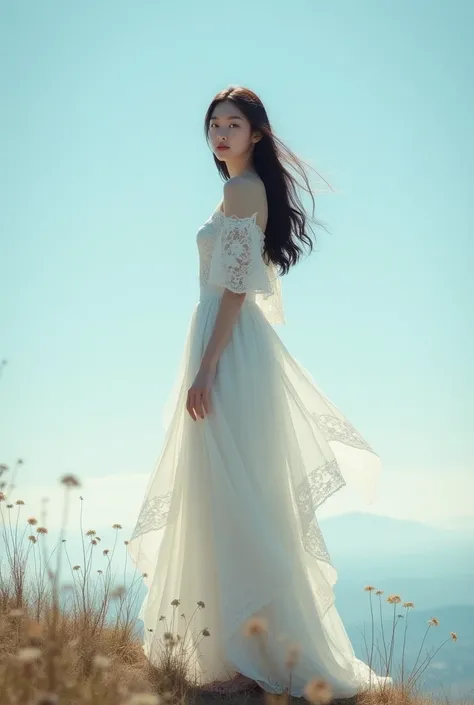 A portrait of a young Asian woman standing on a hilltop, wearing a flowing white maxi dress with delicate lace details. Her hair and dress move gently in the breeze, with a vast open sky in the background, evoking a dreamy atmosphere, (8k, RAW photo, best ...