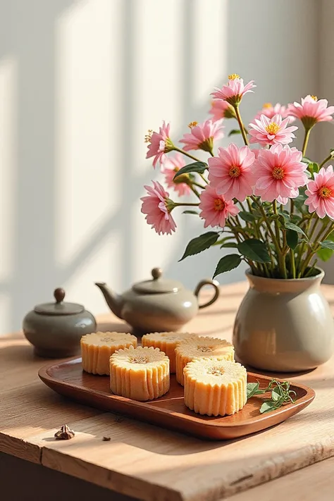 Draw a drawing with watercolor . On a table are served different types of muih cakes placed in a 
wooden tray.  Next to the wooden box there is a teapot seed and some saucer seeds as well as a plate .  Looks like a bouquet of flowers in a vase placed in th...