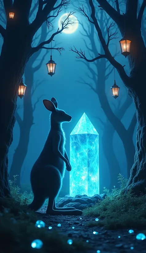 A magical forest at night featuring a majestic kangaroo interacting with a large glowing light blue gemstone surrounded by smaller light blue gemstones scattered across the forest floor. The scene is illuminated by a bright full moon in a starry sky, with ...