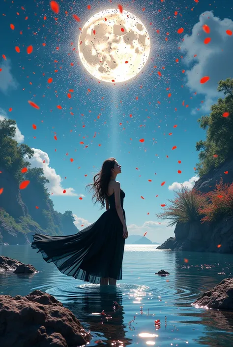 Super realistic illustration, Detailed Fantasy art, Cinema 4D rendering, rain of flower petals, countless petals, a gentle shower of flower petals falling from the sky on a full moon night. A lady in black dress standing in the river is looking up at the s...