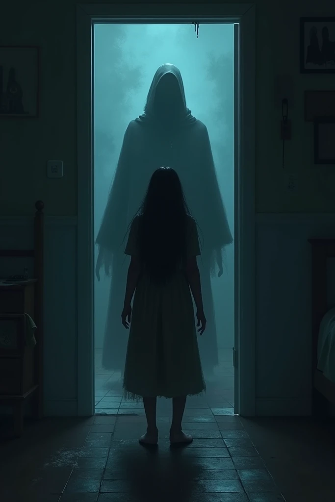 A shadowy figure standing at the entrance to her bedroom. The figure is partially obscured, and Neha is seen in the foreground, frozen in terror.
