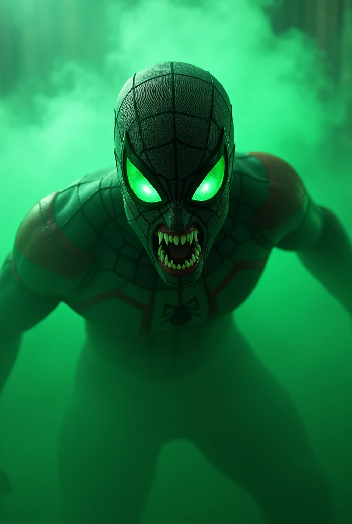 A fierce Spider-Man with glowing green eyes and sharp fangs, dripping saliva, emerging menacingly from an eerie green mist. The composition is cinematic, with photorealistic details, intense focus on Spider-Mans menacing expression, dark and mysterious atm...