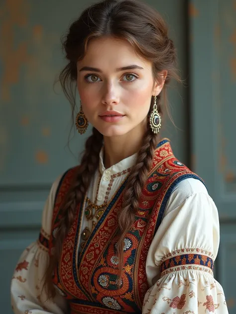 25-year-old Caucasian girl, realistic photography, full body, wearing clothes of Caucasian heritage, Caucasian national clothes 