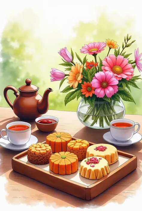 Draw a drawing with watercolor .  On a table are served various kinds of malayu muih kuih that are placed in a 
wooden tray. Next to the wooden tray there is a Malay teapot and several cups along with plates .  Looks like a bouquet of flowers in a vase pla...