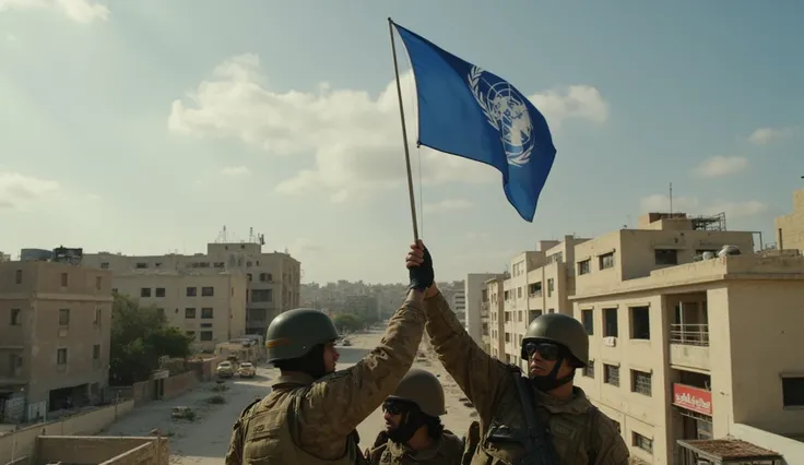 Cinematic Close - up "UN soldiers raising their flag in a liberated city, with battle-scarred buildings and a sense of victory in the air." 