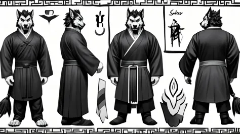 no background、chinese-style werewolf character model sheet、 depicting the same character from 3 angles,