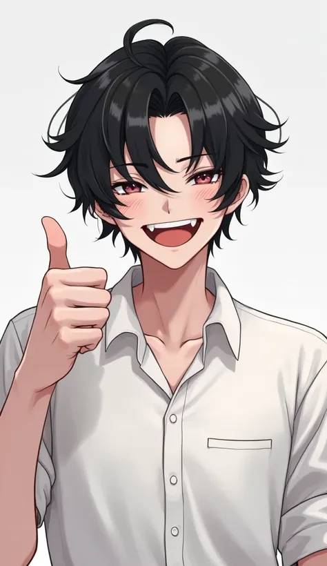  a young man with black hair ,  long enough to cover your eyes ,  displays a wide and confident smile .  He is dressed in a simple white shirt , with slightly folded sleeves ,  and raise one hand to make a gesture of  "thumbs up".  His expression reveals a...