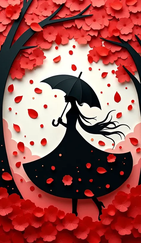 A one-of-a-kind piece of illustration art, featuring jet black, paper cutouts, and countless falling red petals, umbrella, whirlwind effects, masterpiece, best quality, very aesthetic, absurdres, very aesthetic