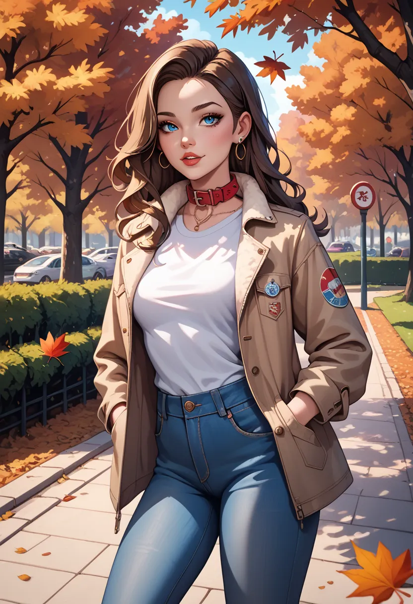  A stop in a park in autumn ,  long brown hair,  blue eyes looking at the spectator,  wearing a white shirt , open coat, collar, jewelry, jeans,  red nail polish , hand in pocket, shirt with print, jeans jacket, trees and leaves falling in the background 