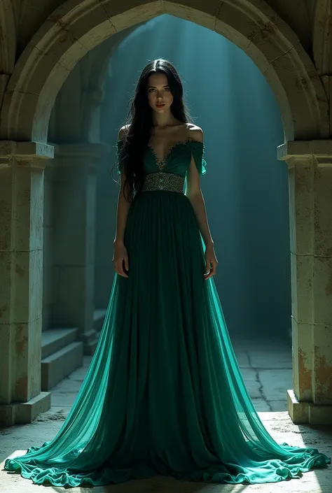  Beautiful Rapunzel woman with very long jet-colored hair,  dressed in a long emerald and blue silk dress ,  with a layer of emerald silk , under a stone arch, in a crypt 