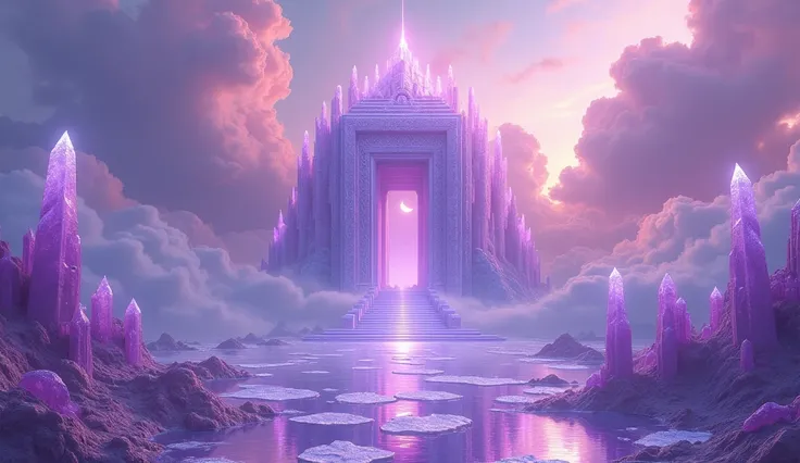 Une mer de nuages violette, dans une monde fait en cristal brillant un temple se dresse soutenue par des cariatides 