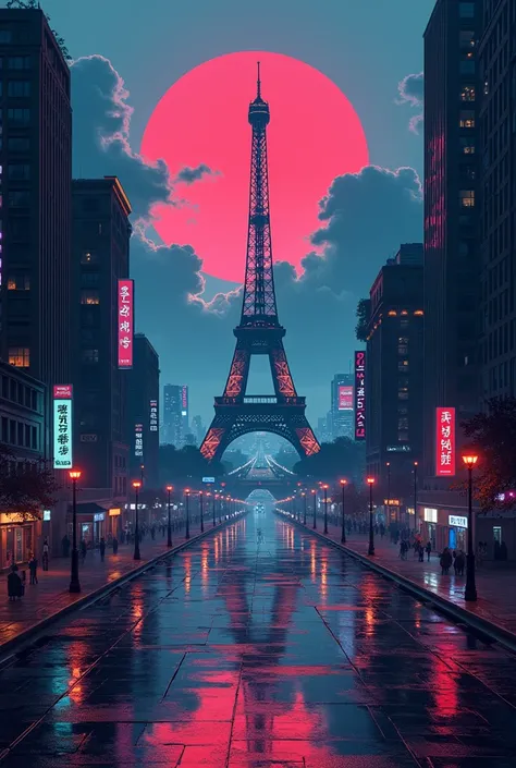 a close-up of a city with a large building and ((( The real Eiffel Tower in the background in the center.))), inspired by Liam Wong, cyberpunk art style, Arte Lofi, In the style of Laurie Greasley, Neo Tokyo background, inspired by Kilian Eng, by Kilian En...