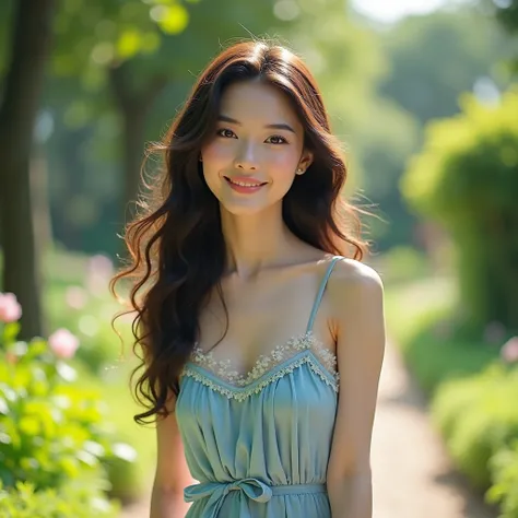 1girl, elegant walk in a garden, smiling, pale skin, detailed realistic beautiful woman, soft blue dress, slightly floral neckline, long curly hair, (((shiny skin))), (((1 girl))), detailed face, beautiful eyes, beautiful lips, extremely detailed face and ...