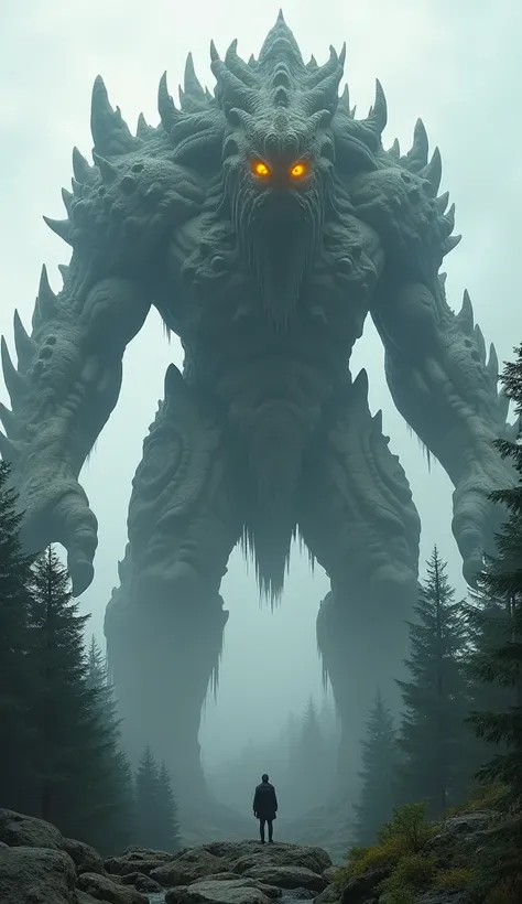 A gigantic, rocky monster with mountains growing on its back, glowing eyes like molten lava, and towering over a forest.