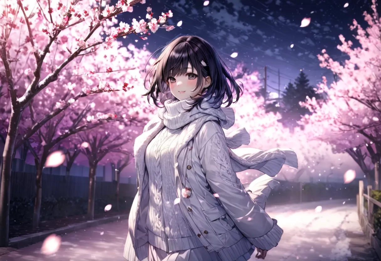 falling plum petals (( motion blur:2.0 , plum filter effect :3.0 , backgroundぼかし)) , woman standing black hair "haruna"( wearing...