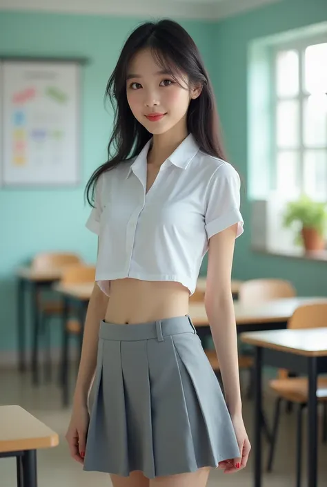 Korean girl, {bright face|gentle face|happy face|smiling face}, eye_contact, wearing a tight white school shirt, wore a tie, wearing a grey tight line miniskirt, Skirt length above the knee, good body, full body, side view, hip line, high_quality, hyper de...