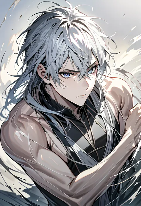 absurdres, highres, ultra detailed, super fine illustration, best quality, 1boy, perfect anatomy, male focus, solo, (dark-skinned:0.8) male, silver hair, long hair, black bikini, bare shoulders, bare arms, bare legs, &lt;lora:_L2090:-0.6&gt; &lt;lora:flat:...