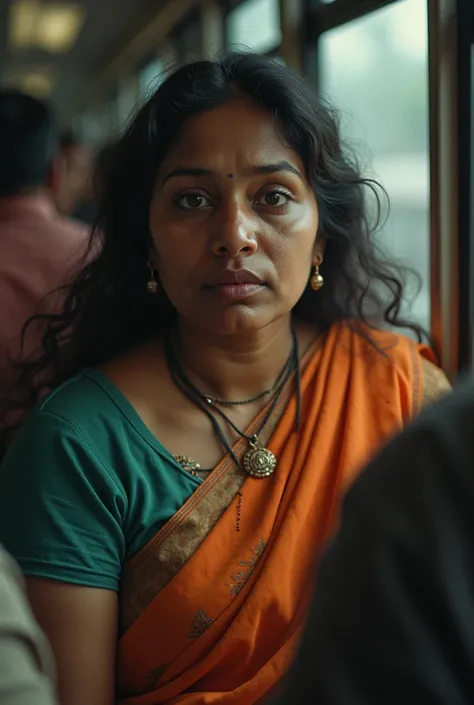 Photorealistic, short, darker skinned, indian woman, 35 year old, attractive, slightly overweight, fat faced, cheap clothes, looking like a poor woman, in public transport, men staring