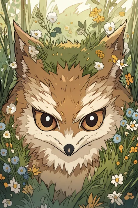 A fox with a owl face and gras like fur with flowers in it