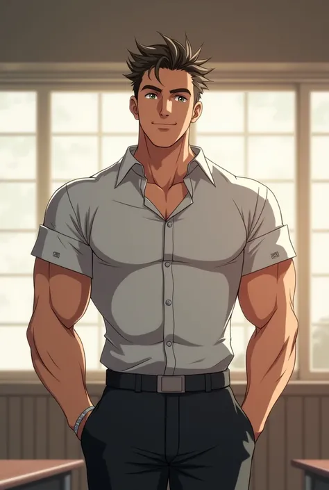 Doi-sensei from ninja boy cartoon, but make it into anime character. Make it look more as an attractive male teacher. Doi-sensei from ninja boy have a warm smile. More muscular.