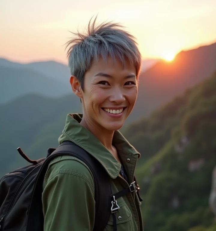 A woman 40 years with short bangs punk cut dark silver hair, charming clear face most details, thin smiling, strong and muscular, wearing shirt green jacket and backpack , stands on Nok Aen cliff Phu kradueng thailand ,Pha nok khao mountain Loei Thailand o...