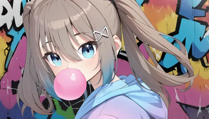 masterpiece, high quality, High resolution, Absurd, Super detailed, 8k, 1 Girl, Platinum grey hair, Blue Hair, Multicolored Hair, Gradient Hair, Watching the audience, Colorful eyes, Colorful hoodies, (Graffiti mural wall background:1.15), Vibrant colorful...