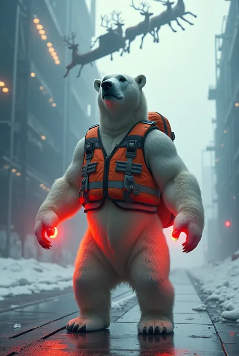 A large polar bear standing upright on a flight deck, wearing a high visibility safety vest and hearing protection, holding a red glowing stabsignal  in each paw, signaling a flying sleigh pulled by reindeer, above hise had, highly detailed and realistic f...