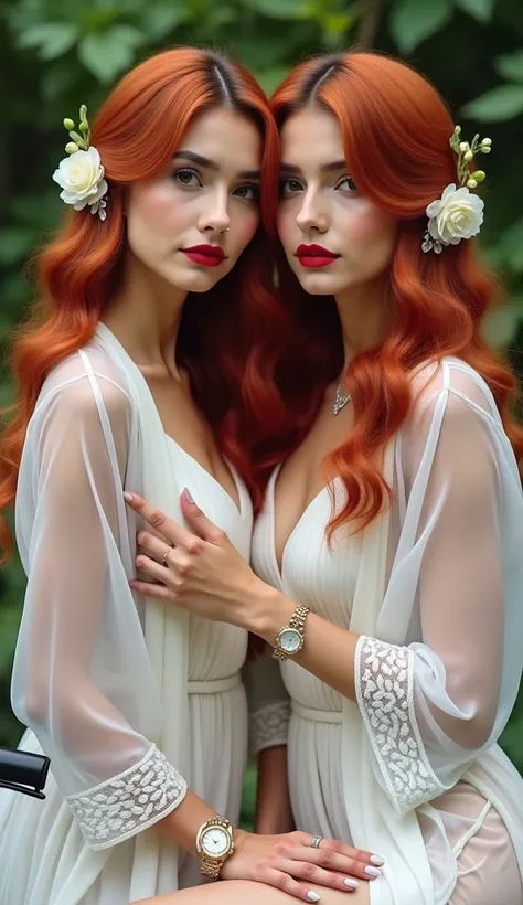 Two beautiful Pakistani girls with Straight very Waist length very silk red hair, flowers Clipped in one site, and puff hair style ,wearing a thin_white _gauze_kimono. The thin_blue_gauze_kimono that she only wore to sleep does not completely hide her body...