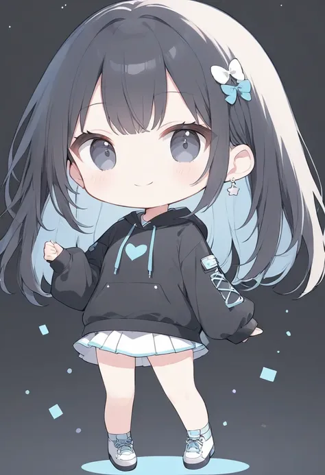 Chibi、woman,Alone,Front,    full body shot  ,pastel,smile,happiness, Dark Eyes ,  black hair,   short hair ,   black hoodie,   white mini skirt  　Background white ,simple masterpiece   ,   best quality, exquisite,8k,   absurd,   Ultra High Definition Illus...