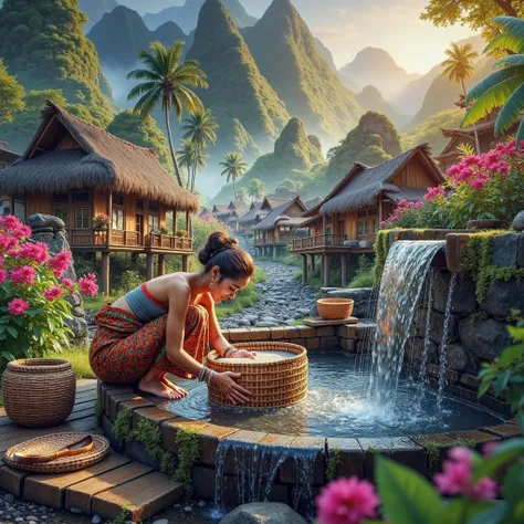 a beautiful Indonesian peasant woman, washing rice on a small traditional bamboo basket, at the fresh and clear natural water fountain, breathtaking tropical village in background, hyper realistic illustration in Don Lawrence style, best quality, UHD, 8k