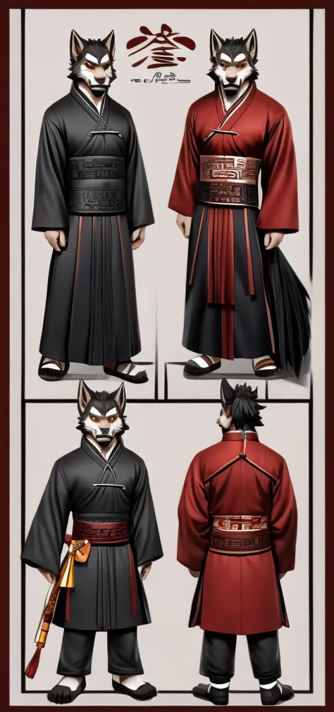 no background、chinese-style werewolf character model sheet、 depicting the same character from 3 angles,