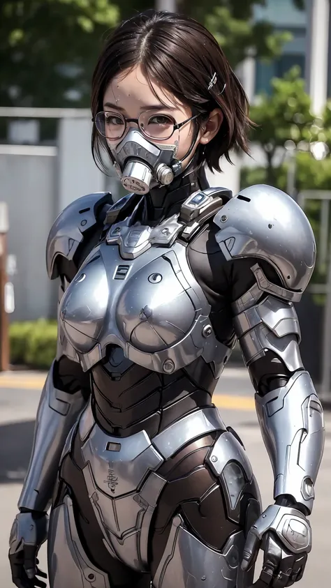 textured skin,   super detailed,     High Details    ,   High Quality  , 最  High Quality  ,   HIGH DEFINITION , 1080P,   hard disk  , beautiful,(War Machine),beautifulサイボーグ女性,  pink mecha cyborg girl,battlefield,Girl with a mechanical body,、short haired el...