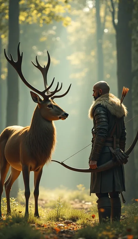 Deer vs. Human Image Prompt:

"A serene yet intense standoff between a majestic deer and a human warrior in a forest clearing. The deer, with elegant antlers and a soft, brown coat, stands gracefully on slender legs, its eyes calm yet alert, surrounded by ...