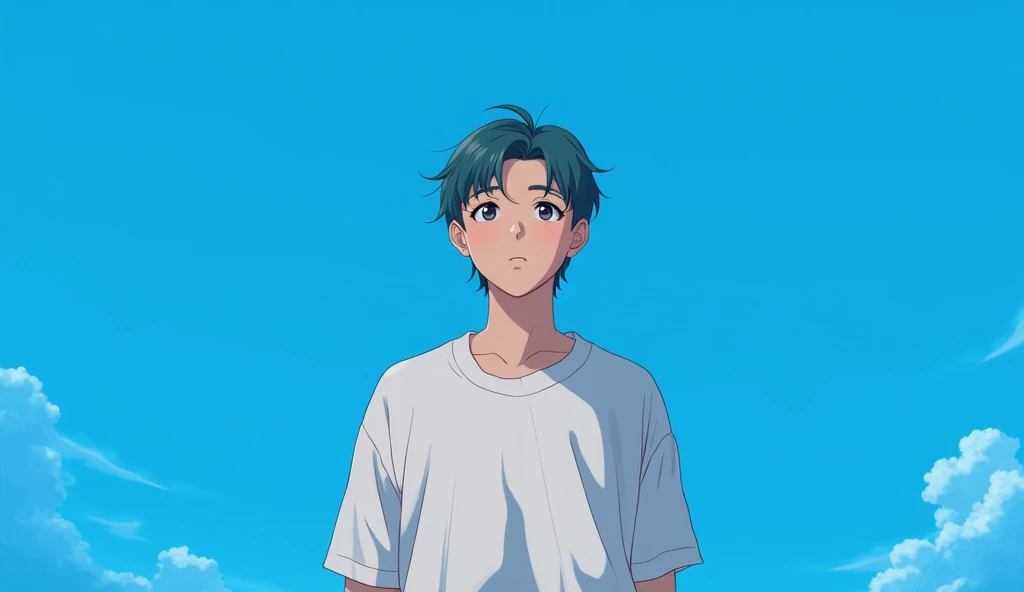 Anime style with short hair and background sky