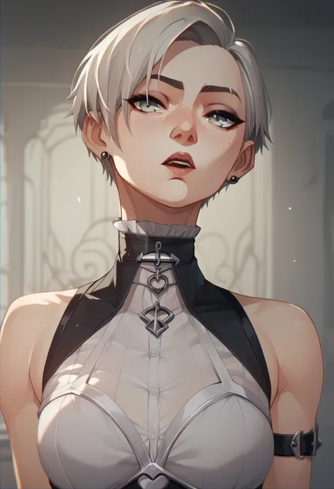 Light-skinned girl with a gray eye  ,  with long beige short hair and gothic dress