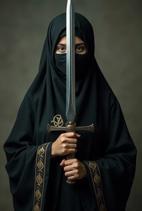 A niqabi girl, wearing dress of war, looking at camera holding a sword 