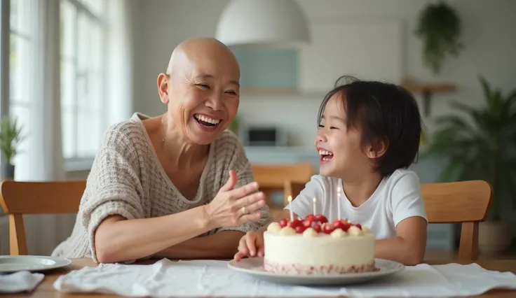 Create a realistic photo of a Thai woman, a bald woman, 50 years old, sitting at the dining table, making a happy wow face with a birthday cake, with a smiling daughter, son sitting next to her in a white house. The ratio of 16 is very beautiful.:9 