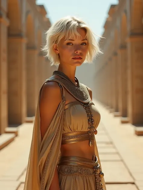 Caucasian girl with white skin, blonde short scattered hair, 25 years old, realistic photography, long distance shot, full body, wearing Pharaonic clothes 