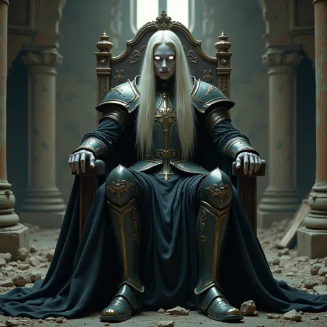  Long-haired blond vampire with very pale skin , of eyes, bright white iris pupils , wearing English armor,  sitting on a throne in a devastated and abandoned medieval room, realistic