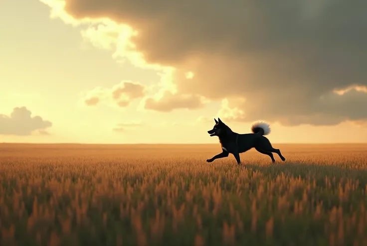 Large meadow , no one,Sky Stage , The Sun shining through the clouds ,  An inverted black Shiba Inu running through the prairie in the distance, Black Shiba Inu with white eyes , The back of the tail is white 