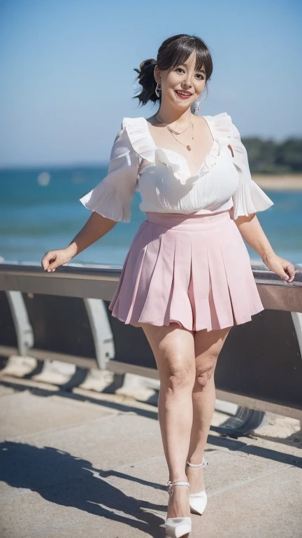 full body shot, from below,  japanese mature, 60 years old,  detailed face , Facial wrinkles, smile,  detailed skin texture ,  white skin,  long hair , (curvy body:1.3), (earrings,  Necklaces ,  white blouse with ruffles: 1.2), (pink pleated micro mini ski...