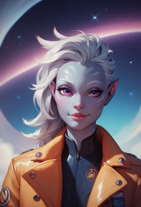 A cute grey alien wearing a galaxy designer jacket with an alien on it in a spaceship 