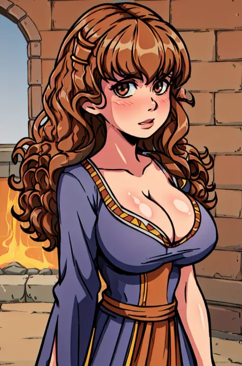 (masterpiece), (highly detailed), (1girl, HermioneAkabur, brown hair, hair clip,) (portrait,) giant breasts and cleavage, penis between breasts