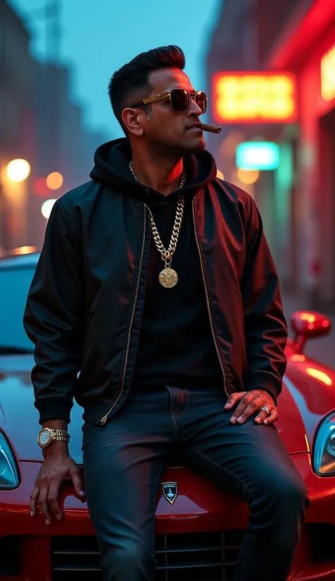 Create a ((masterpiece)) ((Perfect)) ((best quality)) ((8k)) ((HD)) A (highly detailed) and (realistic portrait) of a man resembling (MS Dhoni), reimagined as an (American gangster) with a (rapper-inspired aesthetic). He is wearing a fitted black hoodie la...