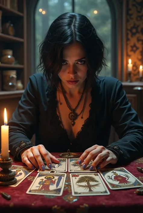 A witch with short hair  reads classic tarot cards
