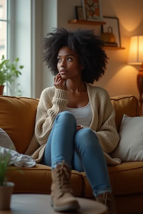 A black woman sitting on her sofa wearing a cardigan jeans and boots with a thinking face