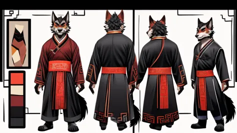  no background、Chinese-style comical werewolf character model sheet、 depicting the same character from 3 angles,